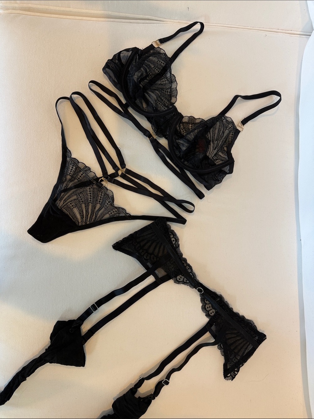 Bluebella Black Lace Strappy Bra, Thong & Garter Set